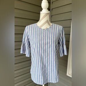 IZOD Linen Blend Striped Ruffle Sleeve Back Button Up Sz M